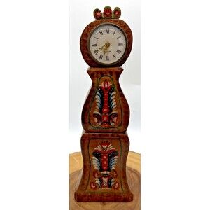 Vintage Mercedes Wooden Hand Carved Hand Painted Table Clock W/Key 14”x4.5”
